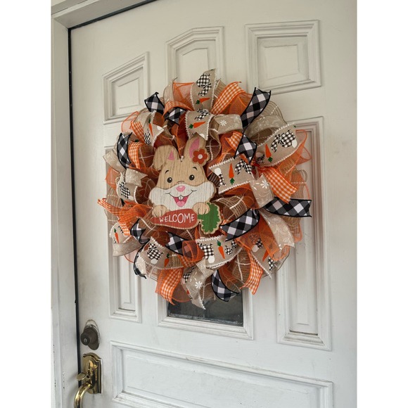 Bunny Rabbit Carrot Welcome Buffalo Check Mesh Ribbon Spring Easter Wreath - Picture 7 of 8